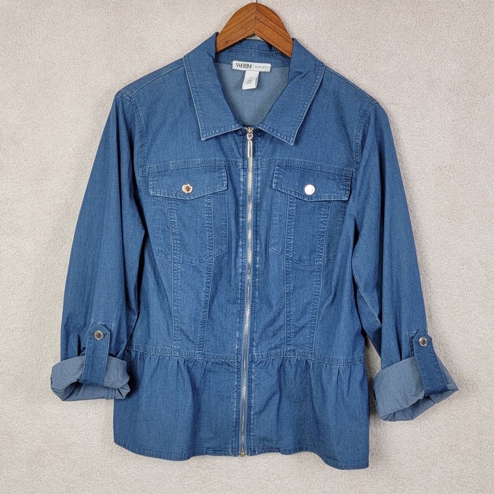 WHBM Peplum Zip Front Shacket Women XL Blue Chambray Denim Utility Fall Jacket - Picture 3 of 10
